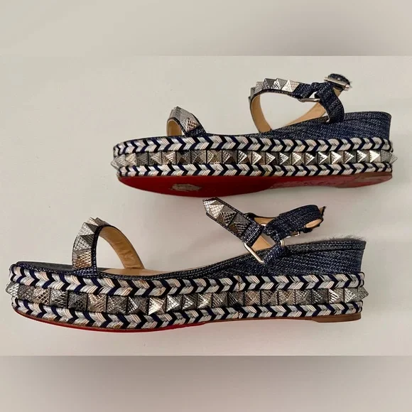 Christian Louboutin Blue DenimPyaclou Studded Ankle Strap Platform Sandals 38 - Picture 4 of 10